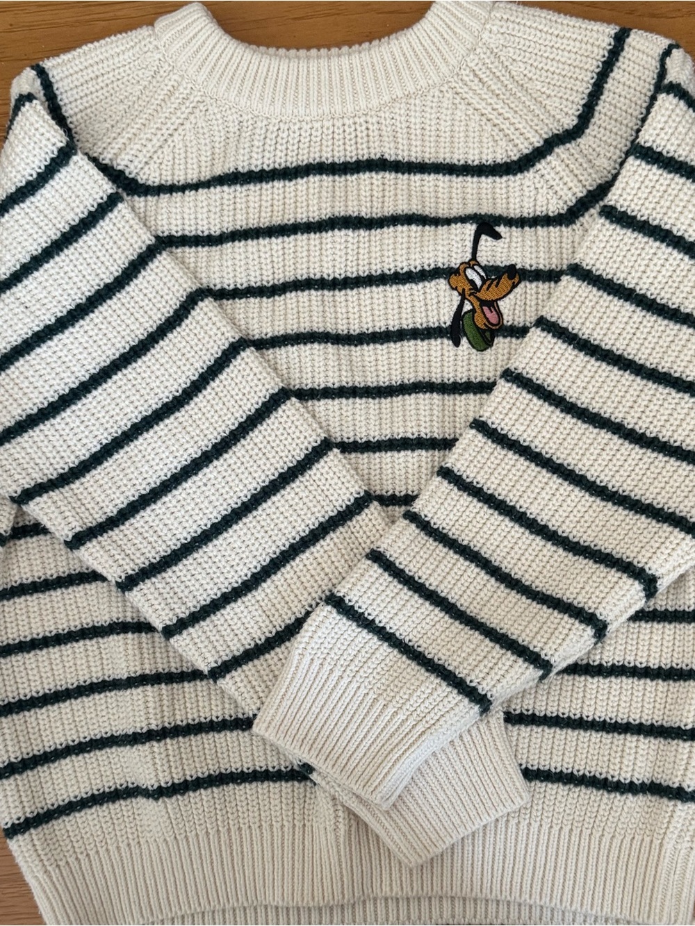 Zara/Disney Cream & Black Striped Crewneck Sweater with Pluto Patch
